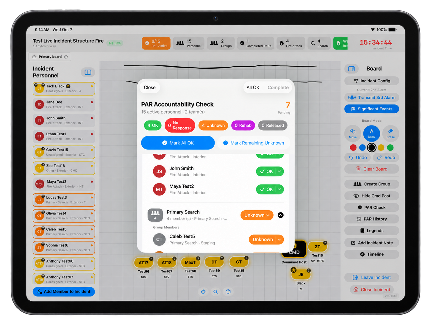 Fireground Manager PAR check tracking interface