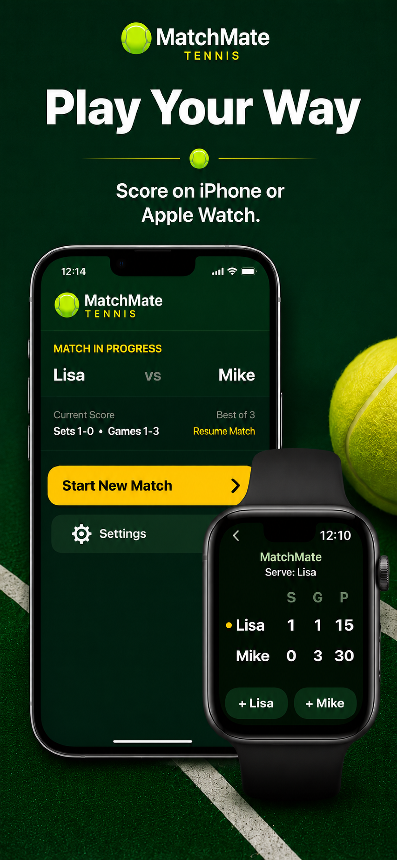 MatchMate on iPhone and Apple Watch showing synchronized live match scoring
