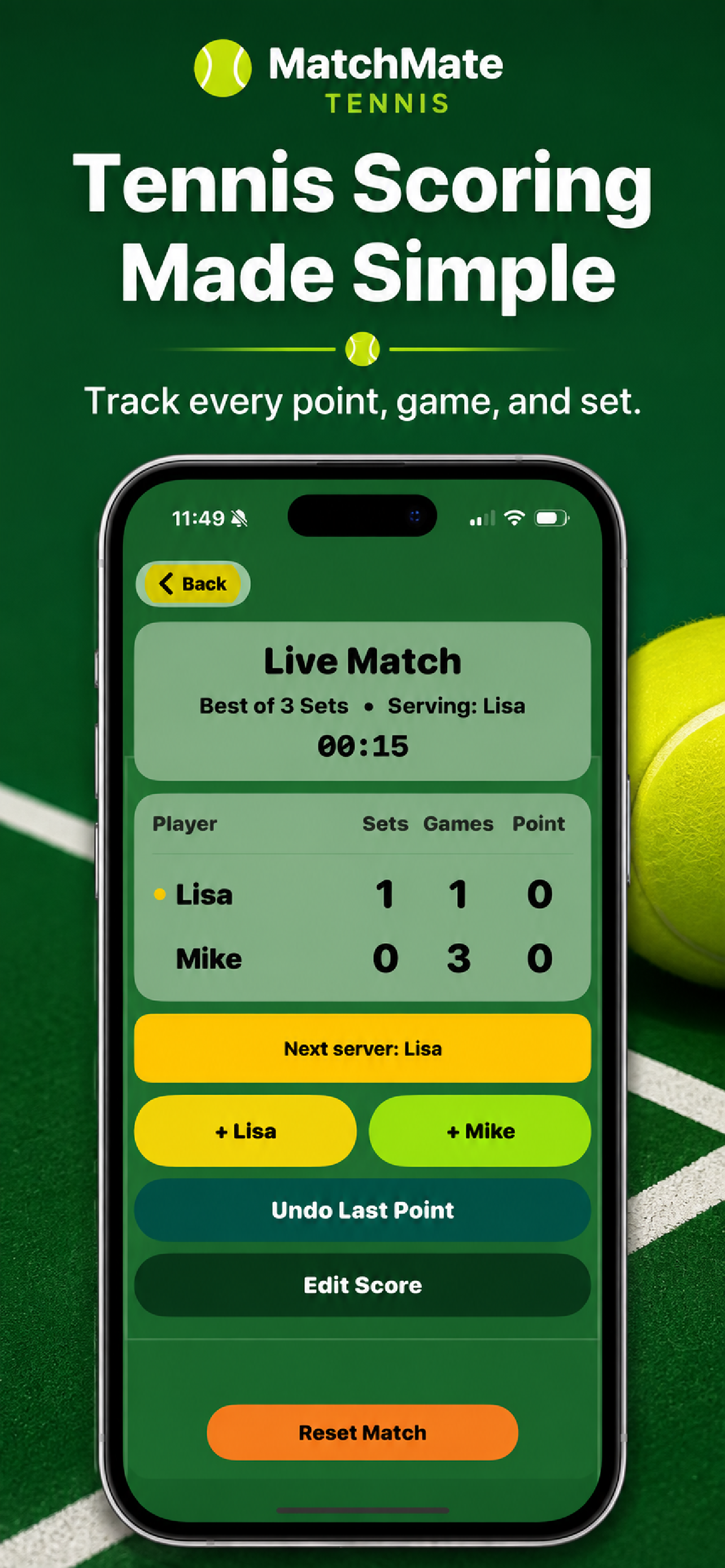 MatchMate live match scoring screen showing sets, games, and points for singles play