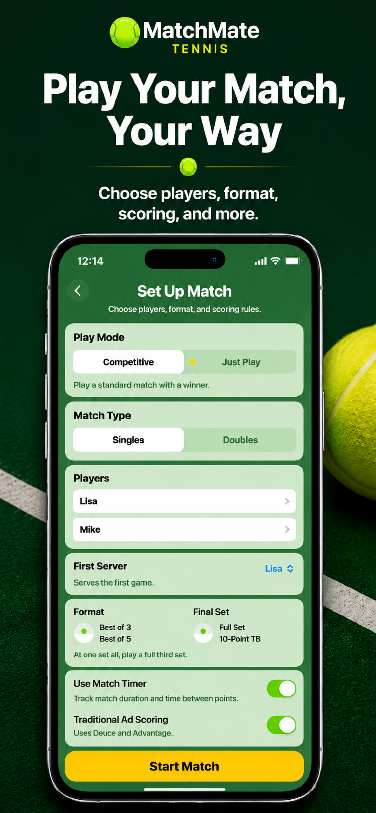 MatchMate match setup screen showing play mode, match type, players, and format options