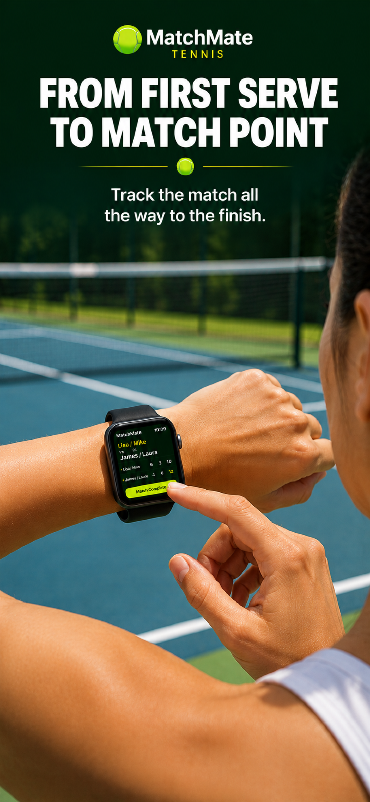 Player checking MatchMate score on Apple Watch at match point