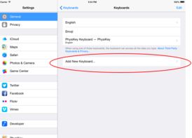 iPad Settings showing how to add PhysiKey keyboard